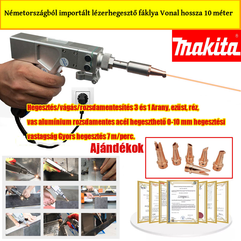 3000W-os multifunkciós hegesztőgép (arany/ezüst/bronz/vas/alumínium/nemesacél hegesztéséhez) anyagvastagság 0-10 mm-hez (3 az 1-ben - hegesztés/vágás/rozsdamentesítés) + 4 db lézerfej