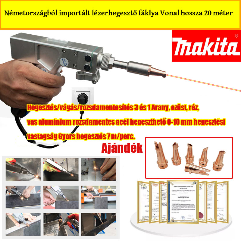 4000W-os multifunkciós hegesztőgép (arany/ezüst/bronz/vas/alumínium/nemesacél hegesztéséhez) anyagvastagság 0-20 mm-hez (3 az 1-ben - hegesztés/vágás/rozsdamentesítés) + 6 db lézerfej.